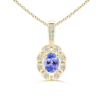 6x4mm AAA Oval Tanzanite Flower Pendant with Diamond Halo in Yellow Gold 