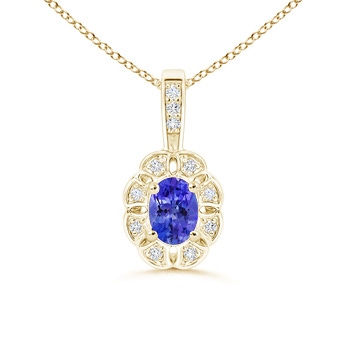 6x4mm AAAA Oval Tanzanite Flower Pendant with Diamond Halo in Yellow Gold