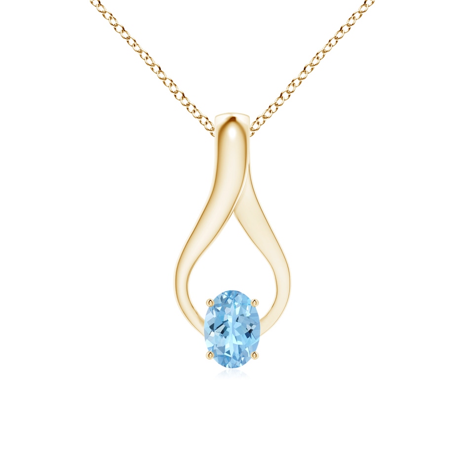 7x5mm AAAA Oval Aquamarine Wishbone Pendant with Diamond Accents in Yellow Gold 