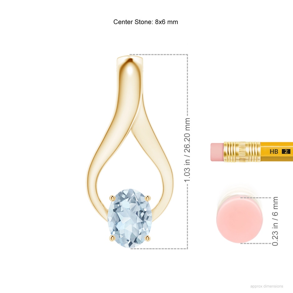 8x6mm A Oval Aquamarine Wishbone Pendant with Diamond Accents in Yellow Gold ruler