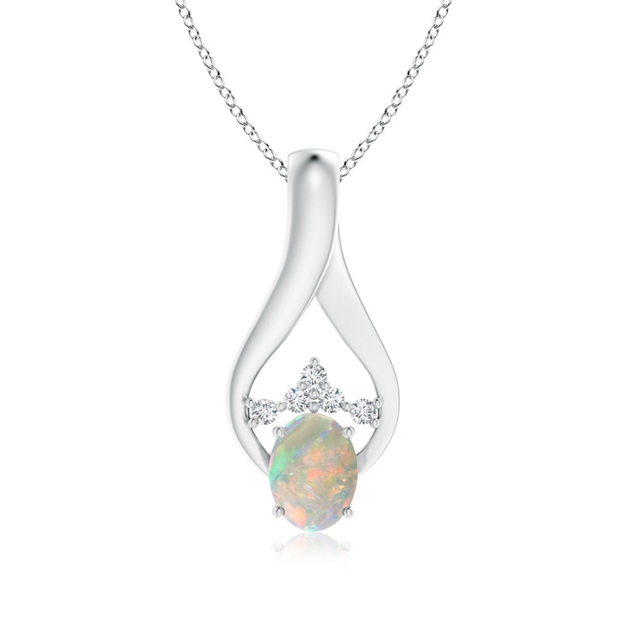 8x6mm AAAA Oval Opal Wishbone Pendant with Diamond Accents in White Gold