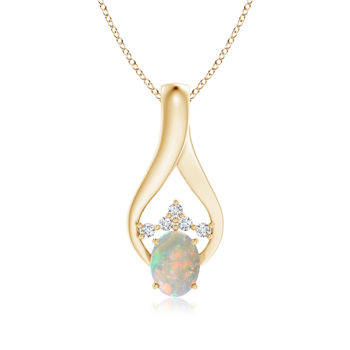 8x6mm AAAA Oval Opal Wishbone Pendant with Diamond Accents in Yellow Gold