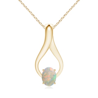 8x6mm AAAA Oval Opal Wishbone Pendant with Diamond Accents in Yellow Gold