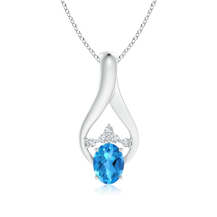 8x6mm AAAA Oval Swiss Blue Topaz Wishbone Pendant with Diamonds in White Gold