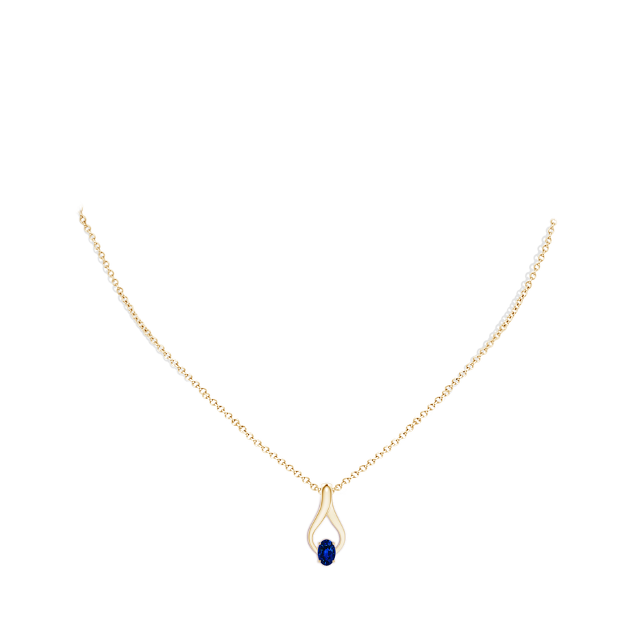 6x4mm AAAA Oval Sapphire Wishbone Pendant in Yellow Gold body-neck