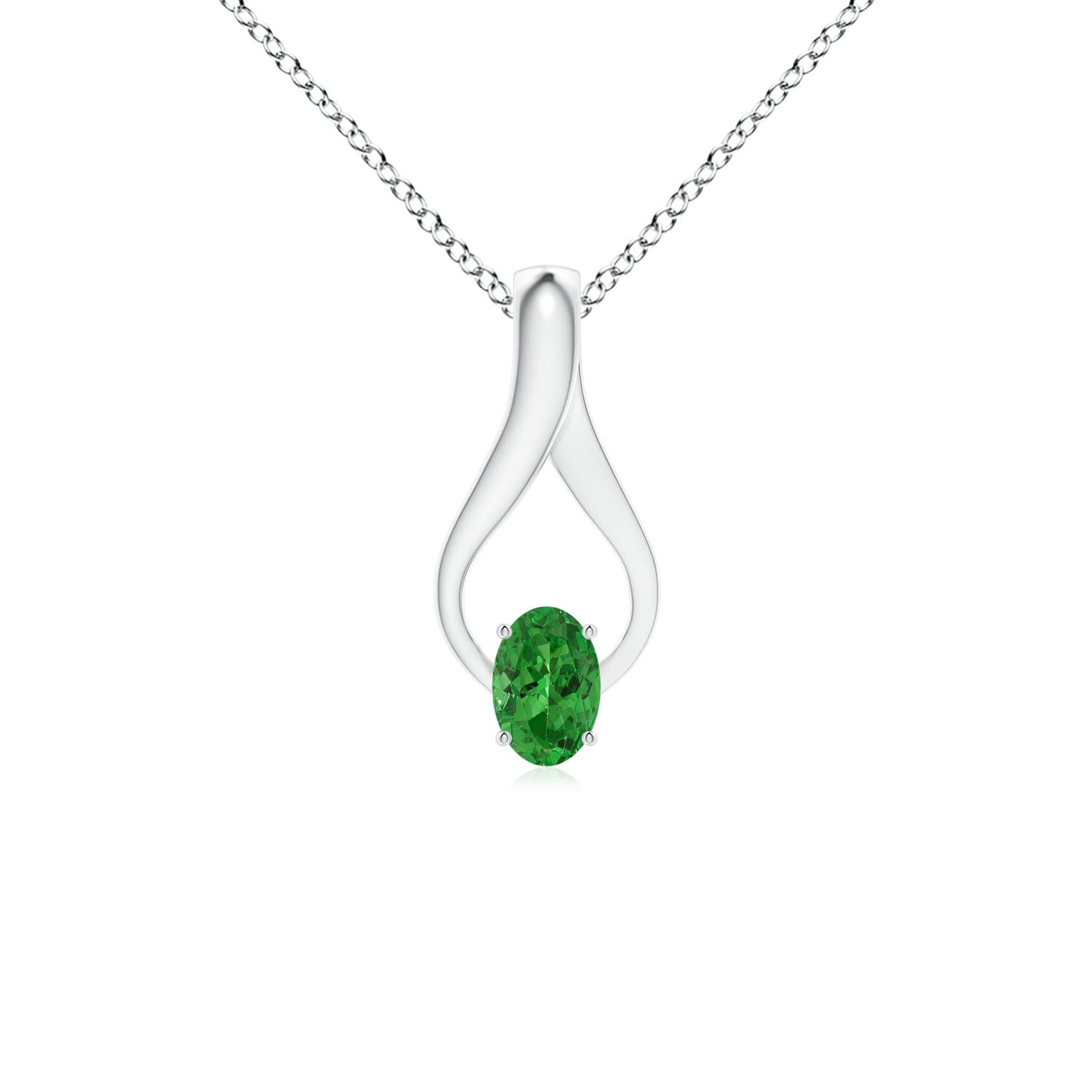 6x4mm AAAA Oval Tsavorite Wishbone Pendant with Diamond Accents in White Gold