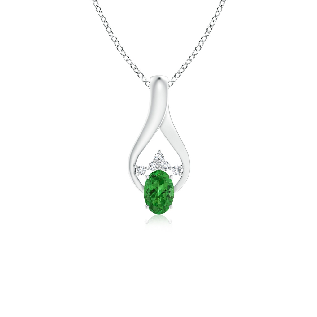 6x4mm AAAA Oval Tsavorite Wishbone Pendant with Diamond Accents in White Gold