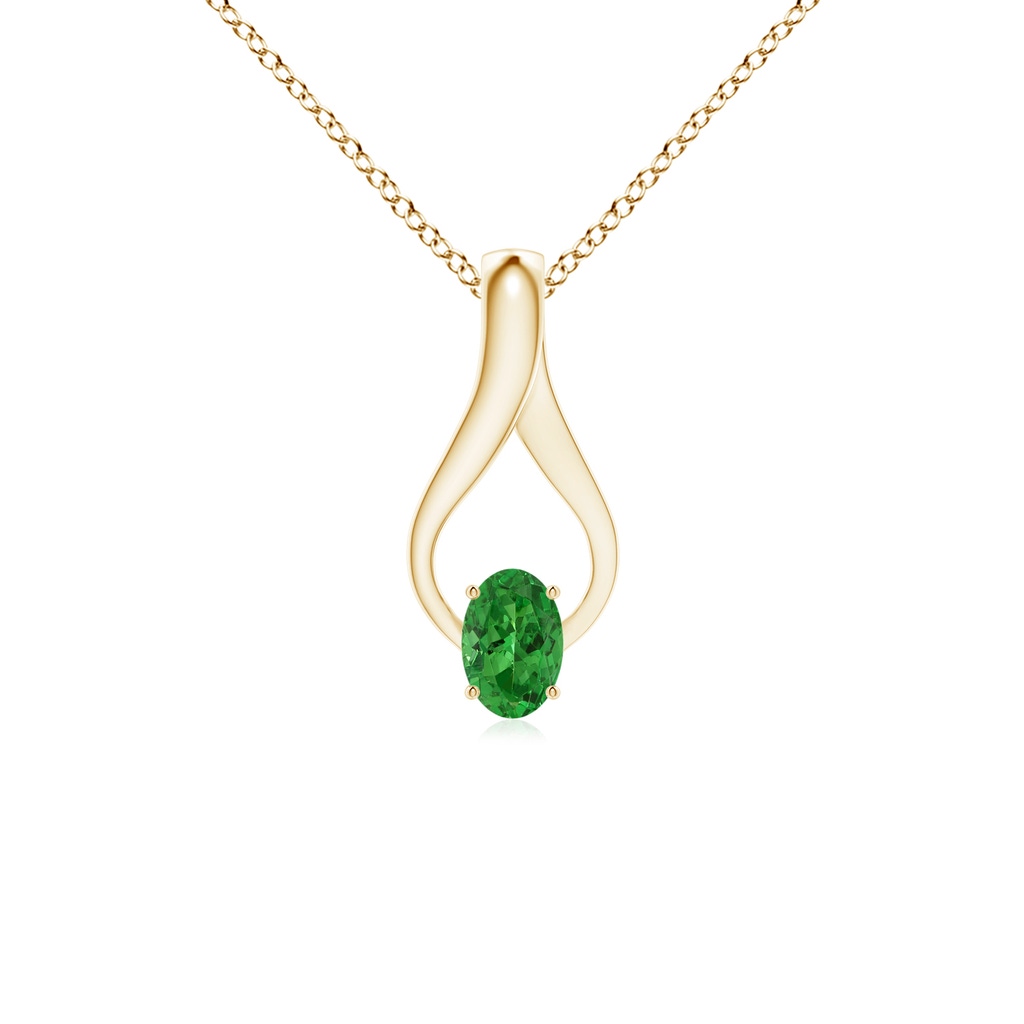 6x4mm AAAA Oval Tsavorite Wishbone Pendant with Diamond Accents in Yellow Gold