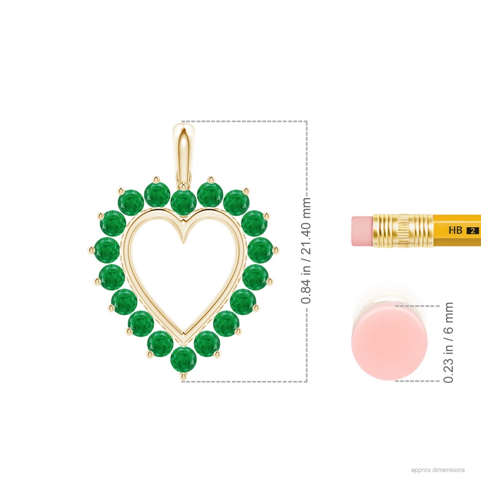 2mm AA Emerald Open Heart V-Bale Pendant in Yellow Gold ruler