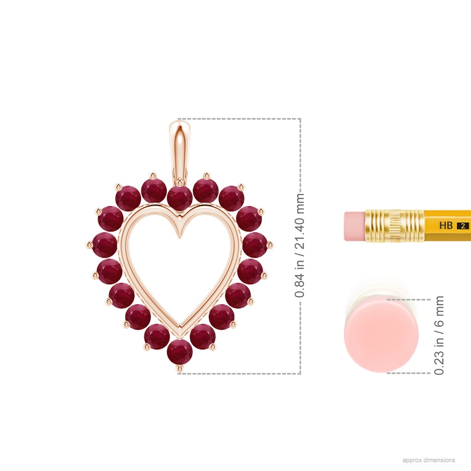 2mm A Ruby Open Heart V-Bale Pendant in 18K Rose Gold ruler
