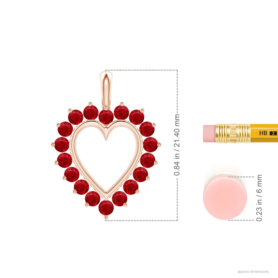 2mm AAA Ruby Open Heart V-Bale Pendant in 18K Rose Gold ruler