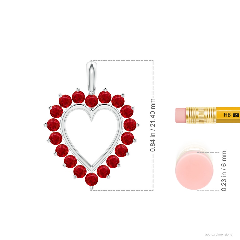 2mm AAA Ruby Open Heart V-Bale Pendant in 18K White Gold ruler