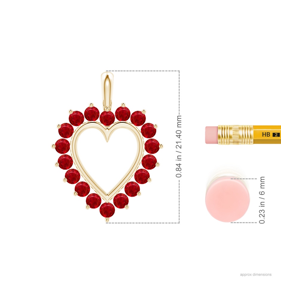 2mm AAA Ruby Open Heart V-Bale Pendant in 18K Yellow Gold ruler