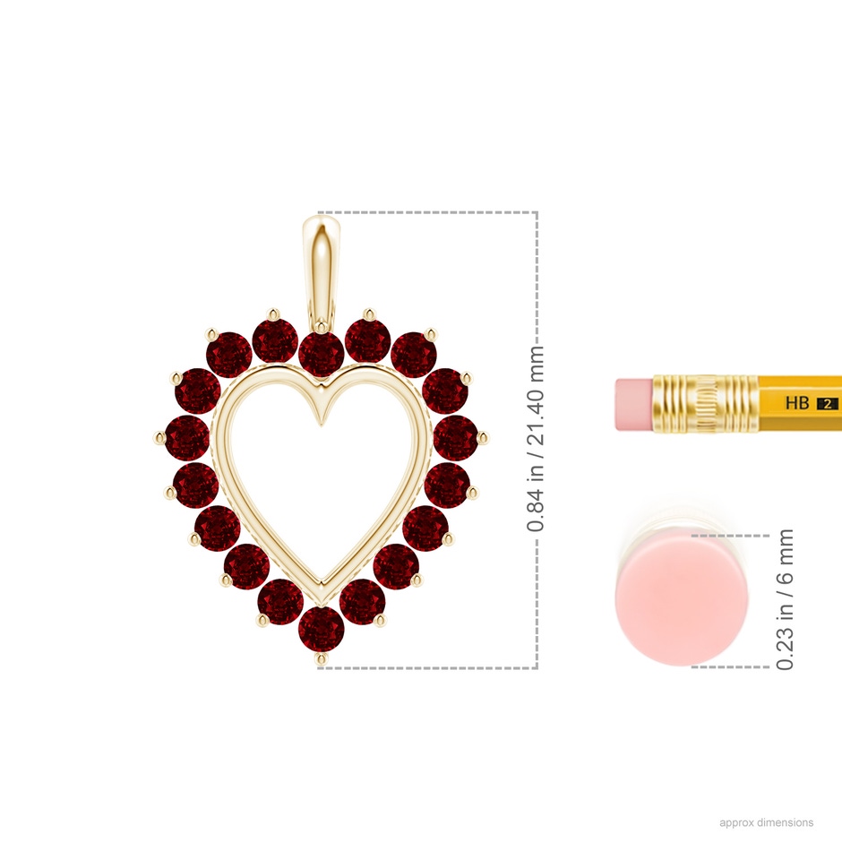 2mm AAAA Ruby Open Heart V-Bale Pendant in 18K Yellow Gold ruler