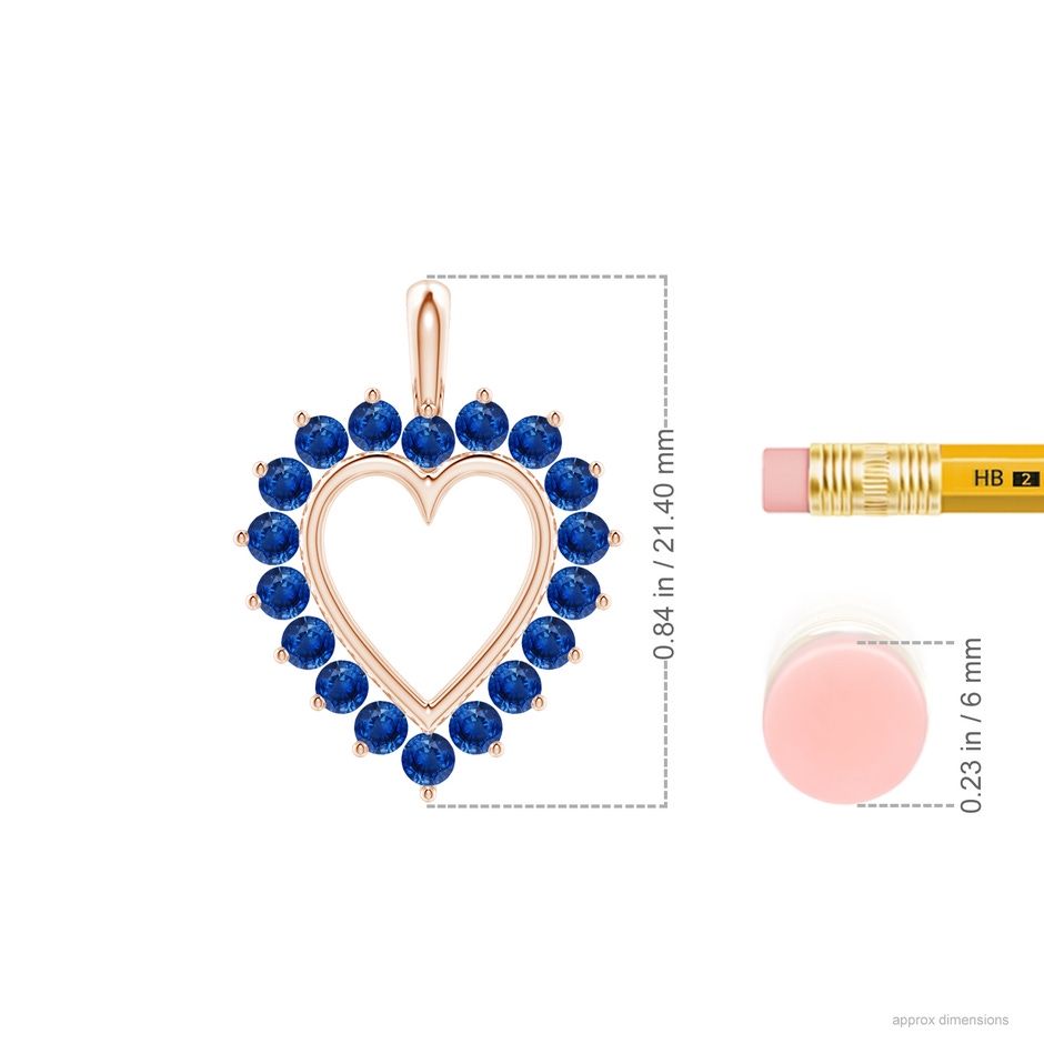 2mm AAA Sapphire Open Heart Pendant in Rose Gold ruler