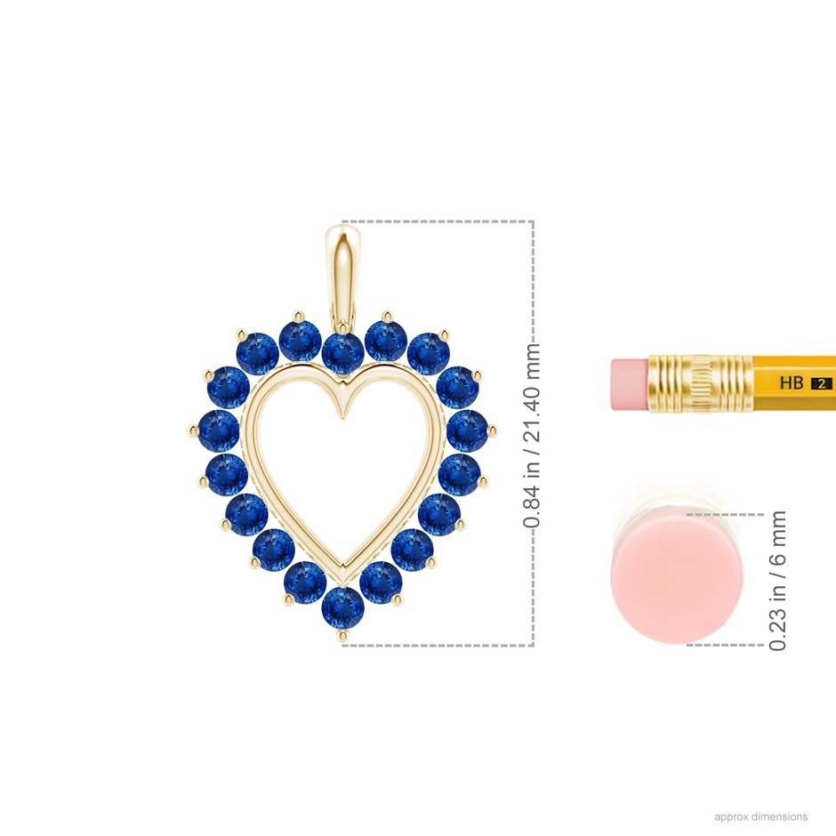 2mm AAA Sapphire Open Heart Pendant in Yellow Gold ruler