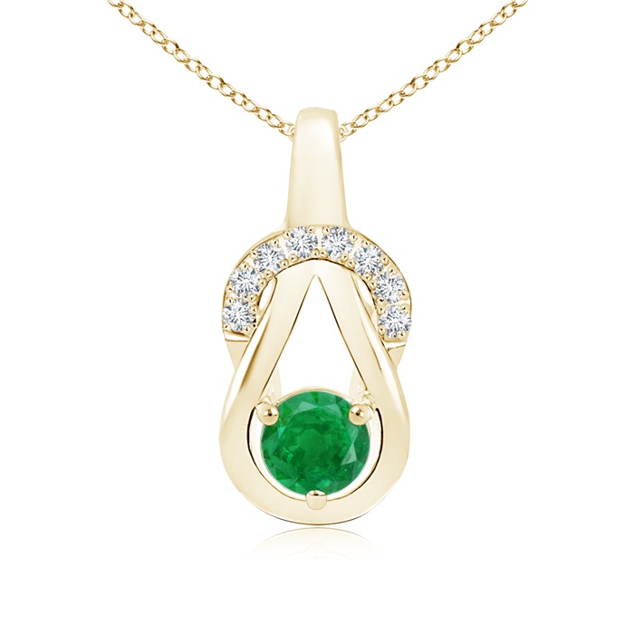 5mm AA Emerald Infinity Knot Pendant with Diamonds in Yellow Gold 
