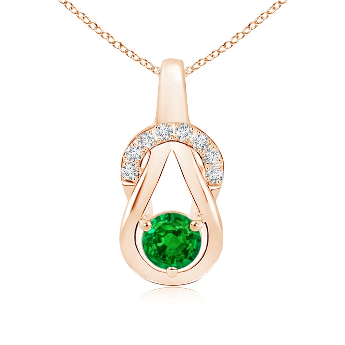 5mm AAAA Emerald Infinity Knot Pendant with Diamonds in Rose Gold 