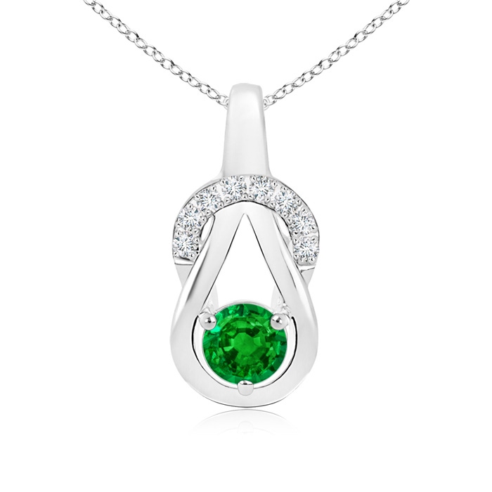 5mm AAAA Emerald Infinity Knot Pendant with Diamonds in White Gold 