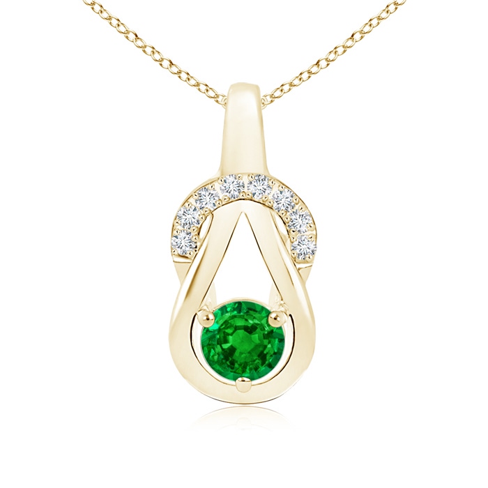 5mm AAAA Emerald Infinity Knot Pendant with Diamonds in Yellow Gold