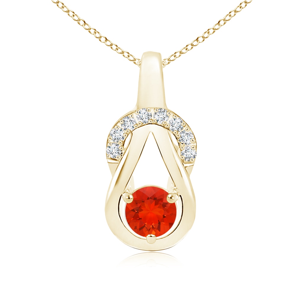 5mm AAAA Fire Opal Infinity Knot Pendant with Diamonds in Yellow Gold