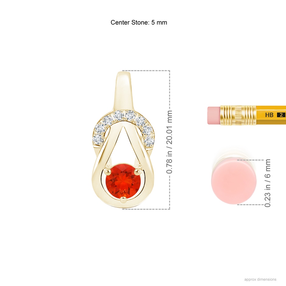 5mm AAAA Fire Opal Infinity Knot Pendant with Diamonds in Yellow Gold ruler