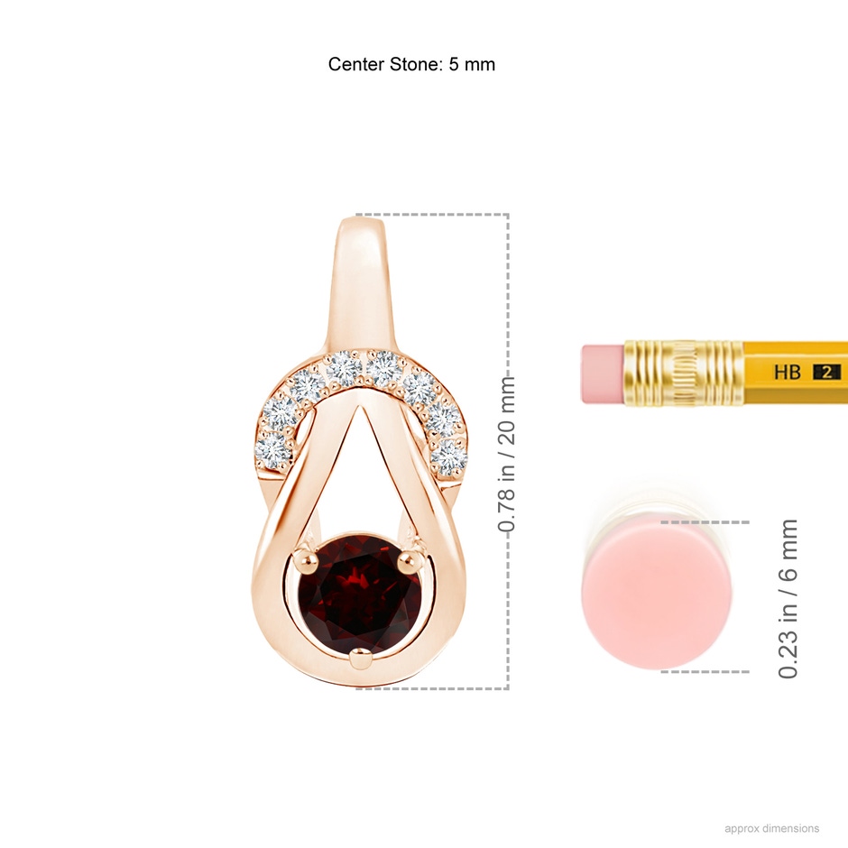 5mm A Garnet Infinity Knot Pendant with Diamonds in Rose Gold ruler