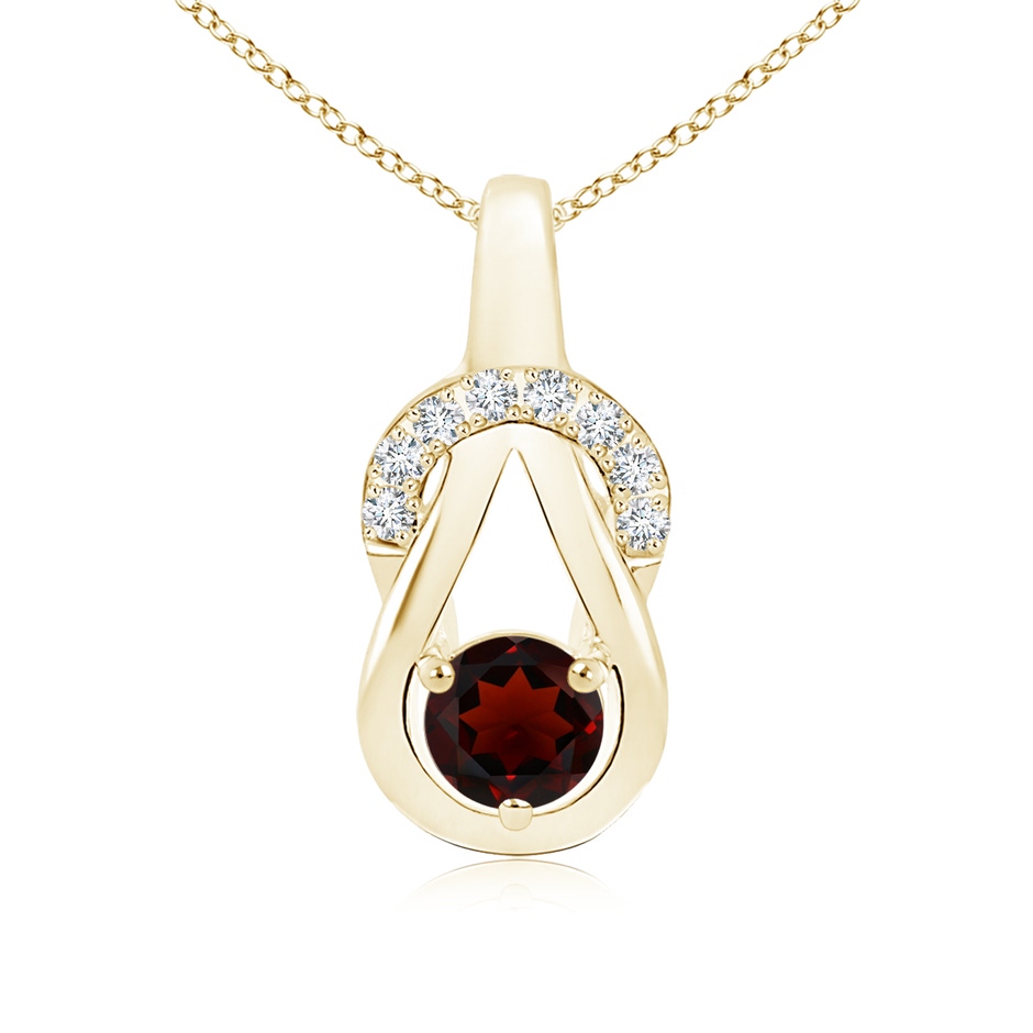 5mm AA Garnet Infinity Knot Pendant with Diamonds in Yellow Gold 