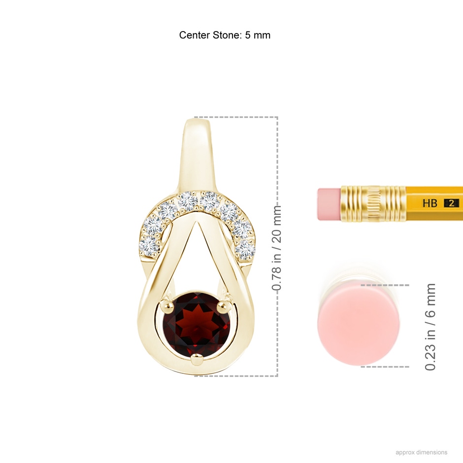 5mm AA Garnet Infinity Knot Pendant with Diamonds in Yellow Gold ruler