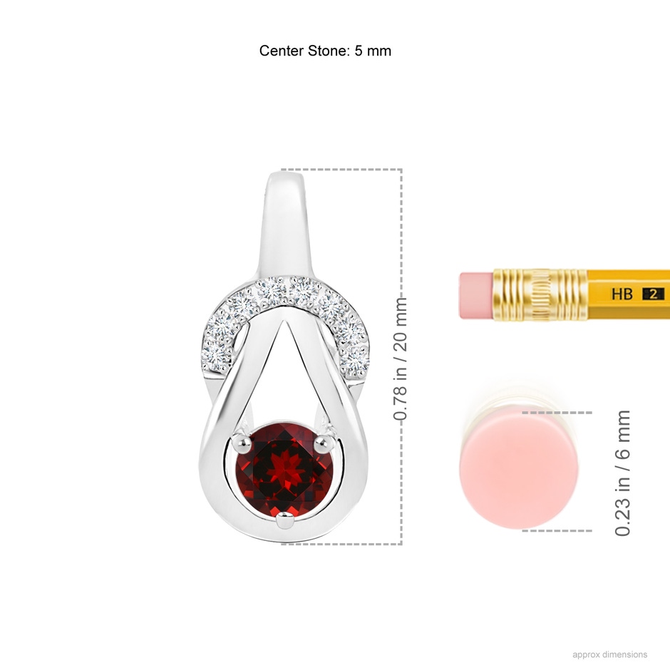 5mm AAAA Garnet Infinity Knot Pendant with Diamonds in White Gold ruler