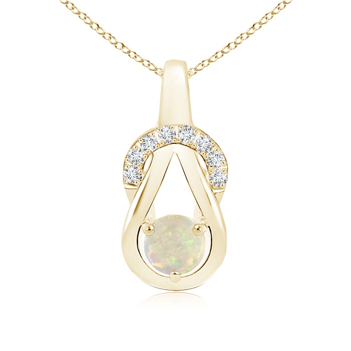 5mm AAA Opal Infinity Knot Pendant with Diamonds in Yellow Gold 