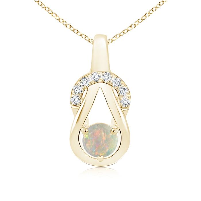 5mm AAAA Opal Infinity Knot Pendant with Diamonds in Yellow Gold