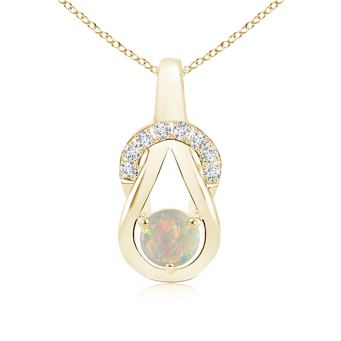 5mm AAAA Opal Infinity Knot Pendant with Diamonds in Yellow Gold 