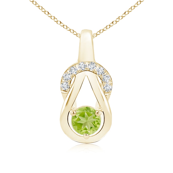 5mm AA Peridot Infinity Knot Pendant with Diamonds in Yellow Gold 