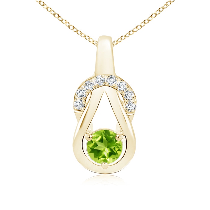 5mm AAA Peridot Infinity Knot Pendant with Diamonds in Yellow Gold 