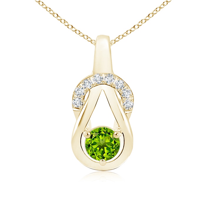 5mm AAAA Peridot Infinity Knot Pendant with Diamonds in Yellow Gold