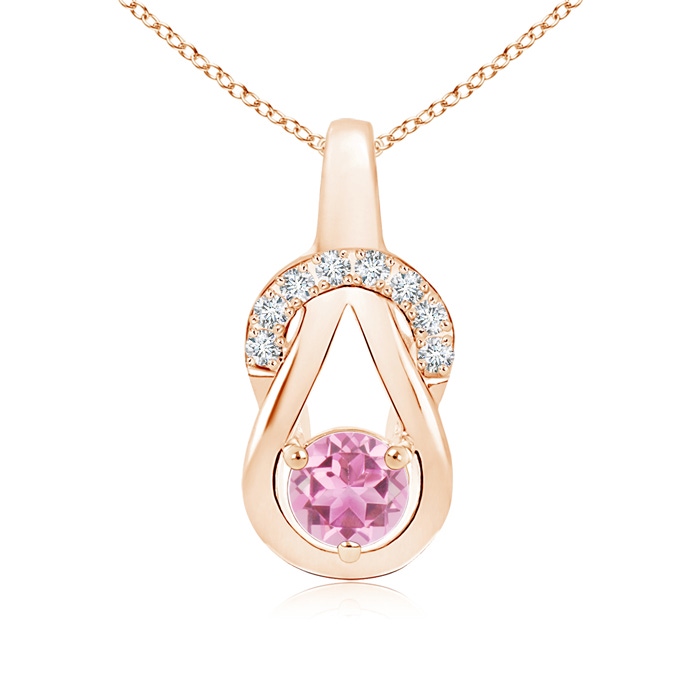 5mm AA Pink Tourmaline Infinity Knot Pendant with Diamonds in Rose Gold 