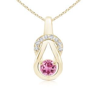 5mm AAA Pink Tourmaline Infinity Knot Pendant with Diamonds in Yellow Gold