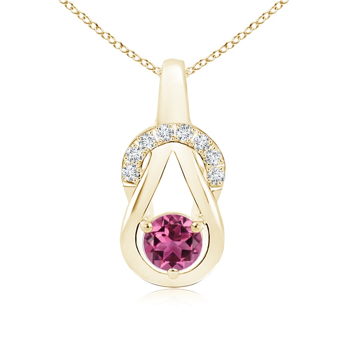 5mm AAAA Pink Tourmaline Infinity Knot Pendant with Diamonds in Yellow Gold