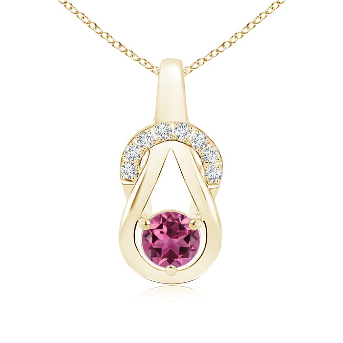 5mm AAAA Pink Tourmaline Infinity Knot Pendant with Diamonds in Yellow Gold 