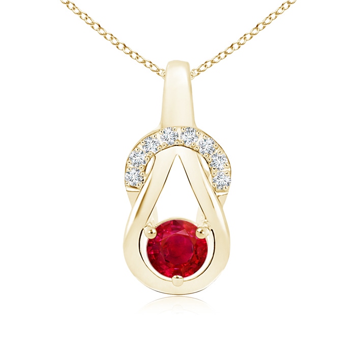 5mm AAA Ruby Infinity Knot Pendant with Diamonds in Yellow Gold