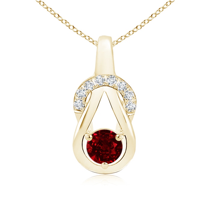5mm AAAA Ruby Infinity Knot Pendant with Diamonds in Yellow Gold