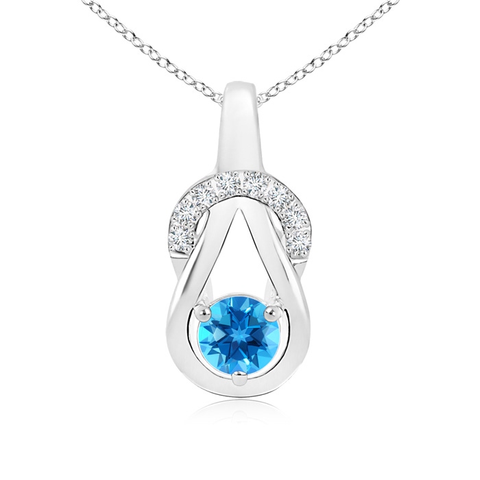 5mm AAAA Swiss Blue Topaz Infinity Knot Pendant with Diamonds in White Gold