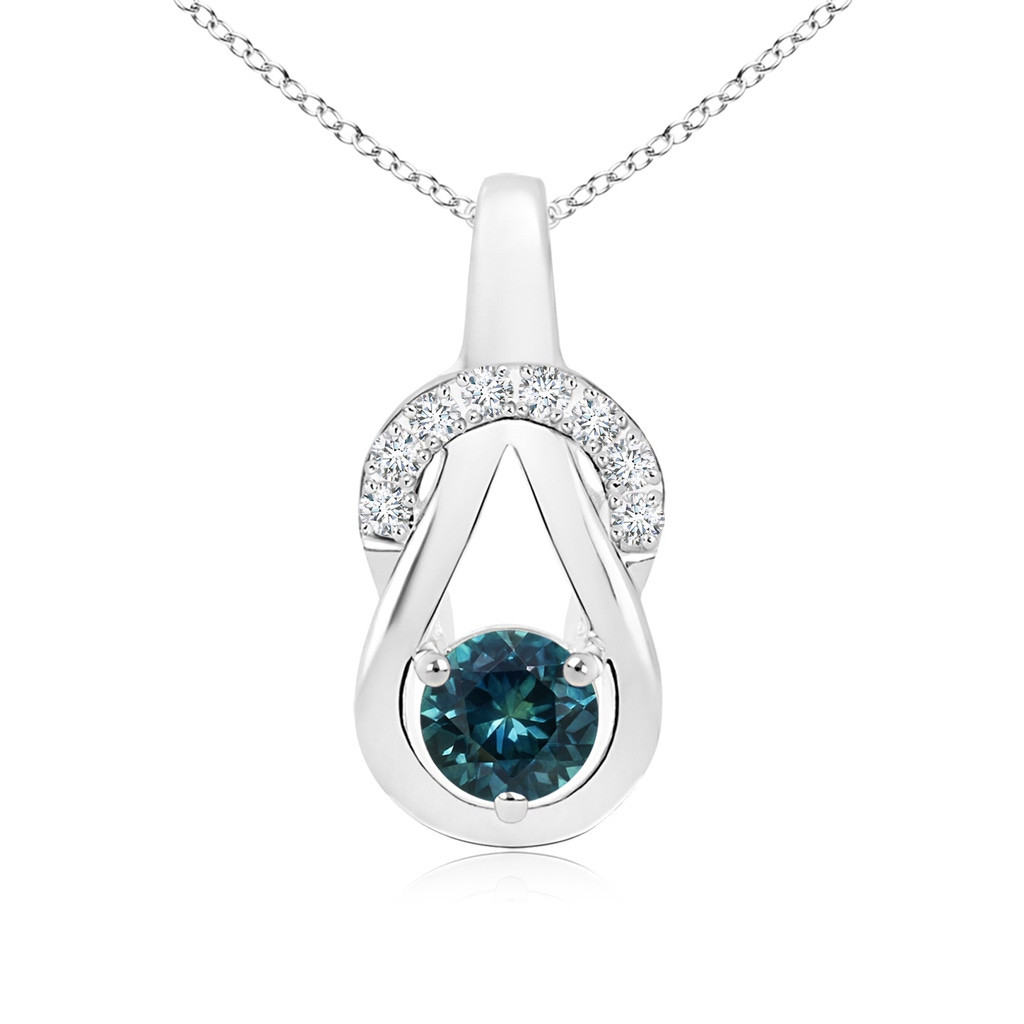 5mm AAA Teal Montana Sapphire Infinity Knot Pendant with Diamonds in White Gold
