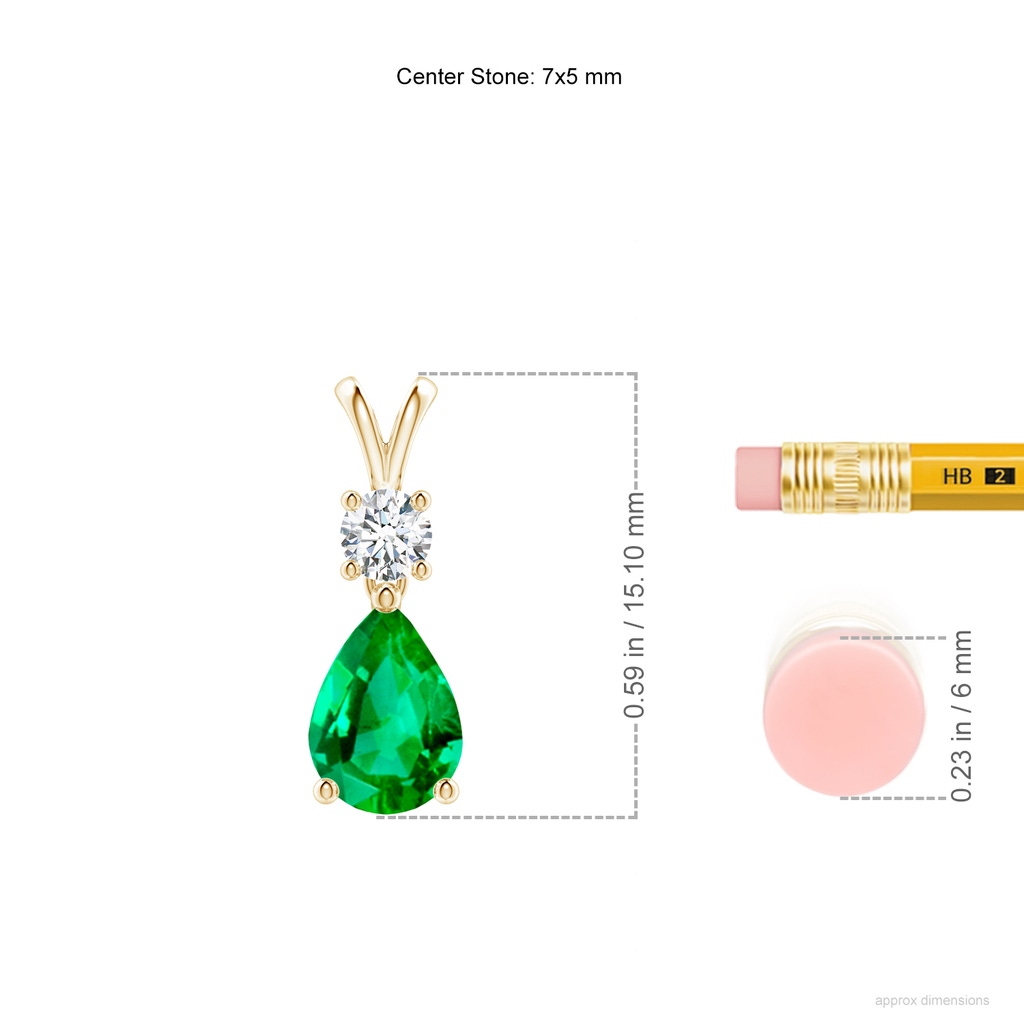 7x5mm AAA Pear-Shaped Emerald V-Bale Pendant in Yellow Gold ruler