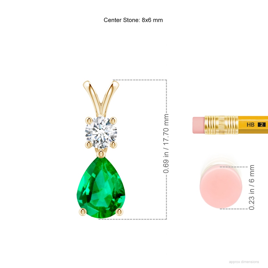 8x6mm AAA Pear-Shaped Emerald V-Bale Pendant in Yellow Gold ruler