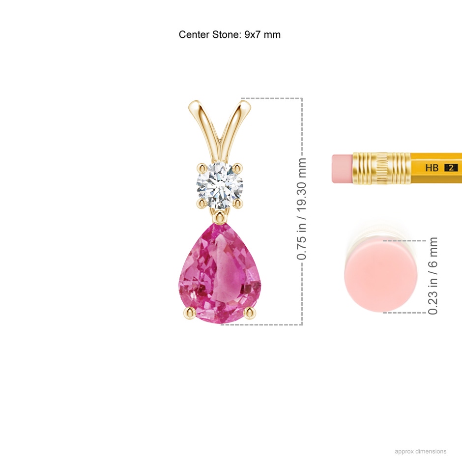 9x7mm AAA Pear-Shaped Pink Sapphire V-Bale Pendant in Yellow Gold ruler