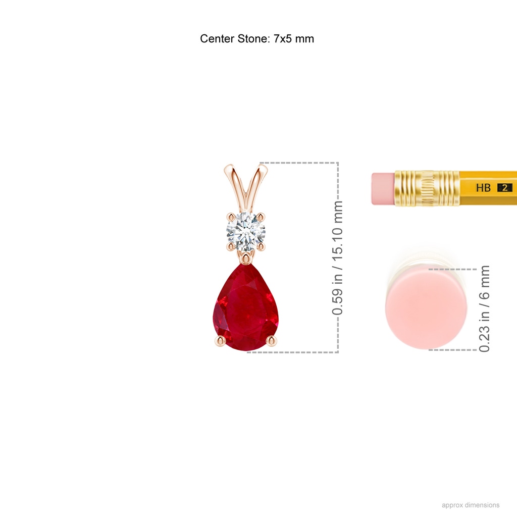 7x5mm AAA Pear-Shaped Ruby V-Bale Pendant in Rose Gold Ruler