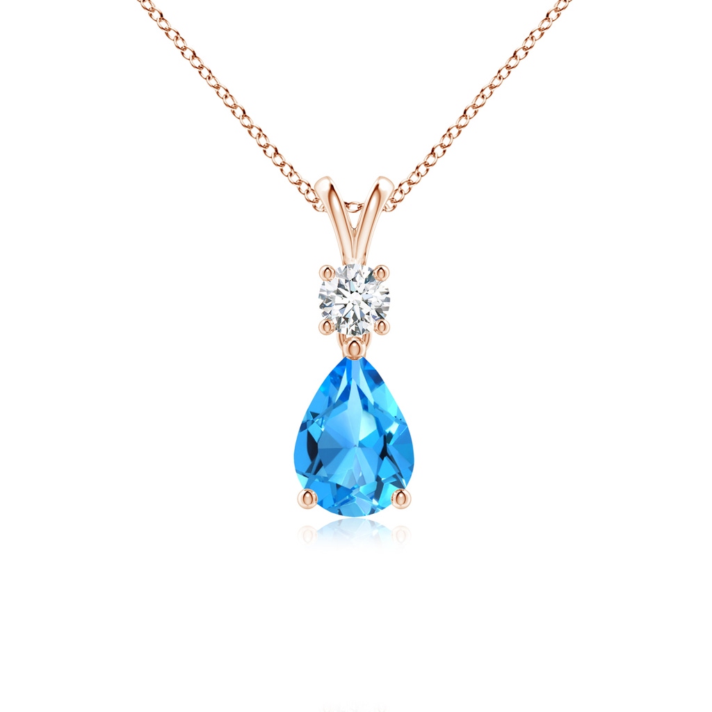 7x5mm AAAA Pear-Shaped Swiss Blue Topaz V-Bale Pendant in Rose Gold