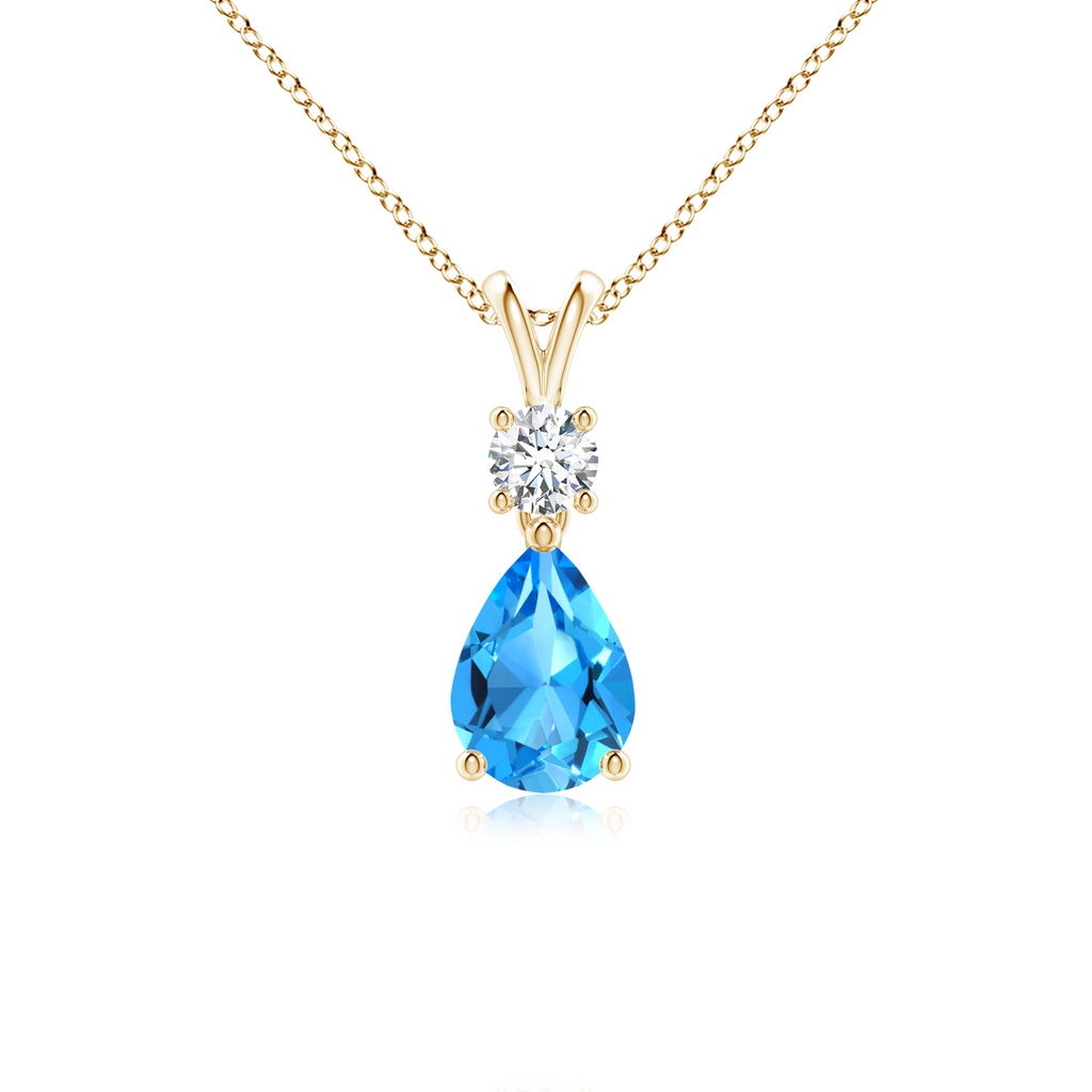 7x5mm AAAA Pear-Shaped Swiss Blue Topaz V-Bale Pendant in Yellow Gold